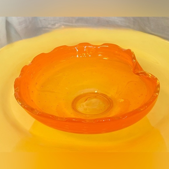 Vintage Honey Orange MCM Bullicante Murano Style Italian Blown Art Glass Ashtray